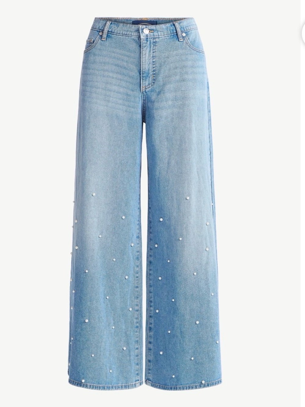 Wide Leg Blue Jeans with Pearl Accent